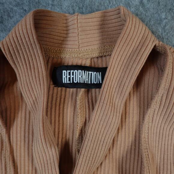 Reformation Bodysuit Womens Extra Small Grady Ribbed Tie Neck Deep V Buff Tan - Picture 3 of 10